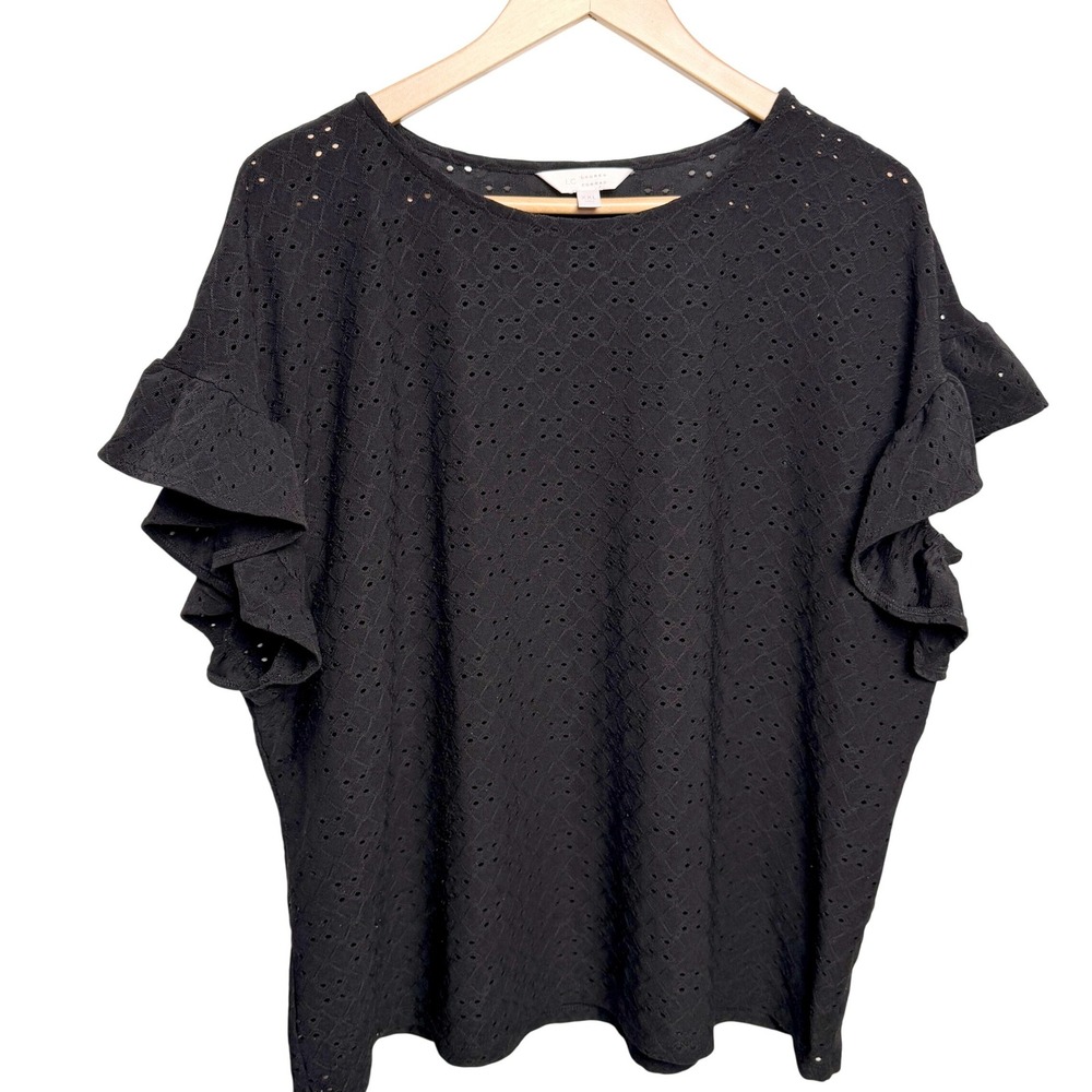 LC Lauren Conrad Eyelet Ruffle Top XL Black Flutter Sleeve Boho Romantic Cottage